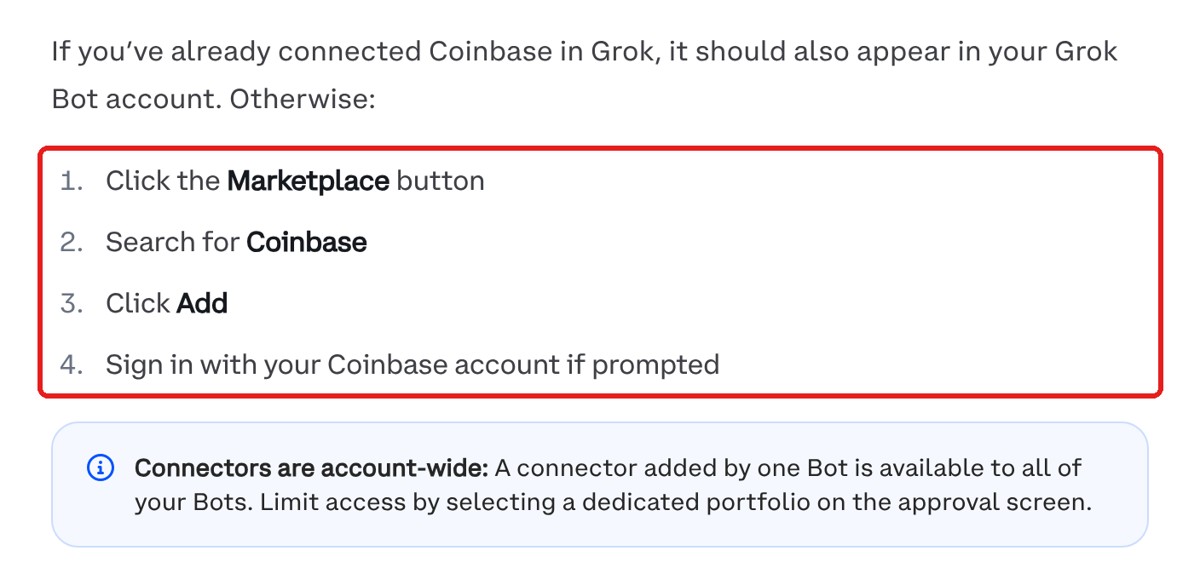 Ilustracja 13. Instrukcja Coinbase w dokumencie: Marketplace → Coinbase → Add. Łącznik jest dostępny wszystkim botom, więc ogranicz zakres do jednego portfela inwestycyjnego.