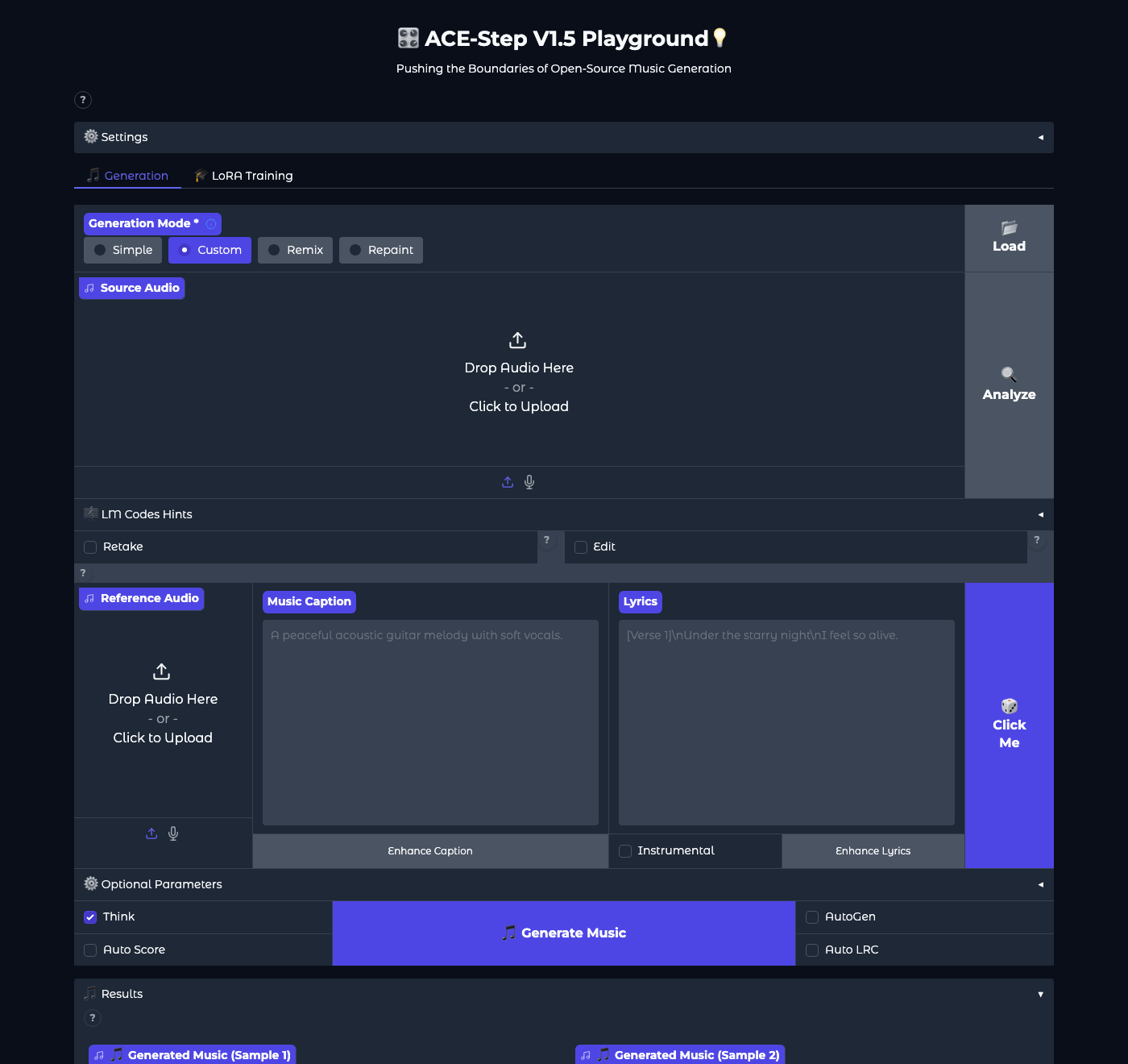 Main window of ACE-Step 1.5 Playground: Custom mode, fields Source Audio, Reference Audio, Music Caption, Lyrics, and Generate Music button