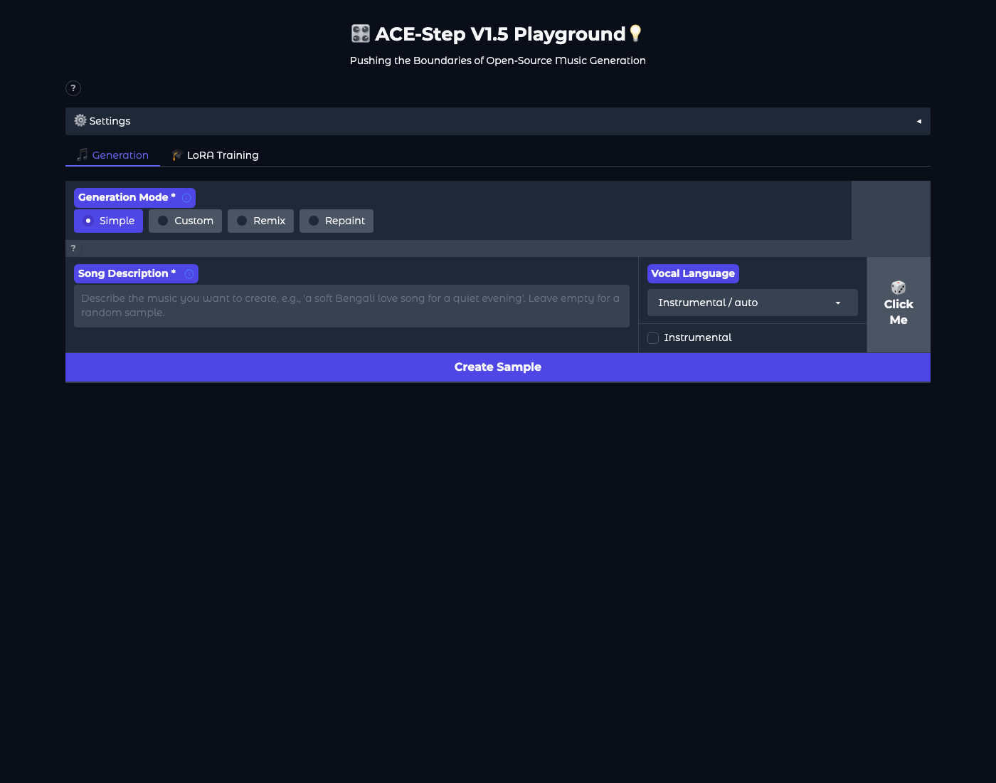 Simple mode: Song Description field, vocal language selection, Instrumental field, and Create Sample button