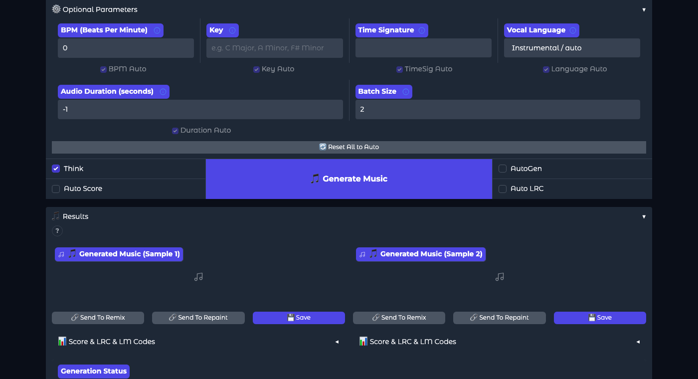 Expanded Optional Parameters section: BPM, Key, Time Signature, Vocal Language, Audio Duration, Batch Size, and Auto switches