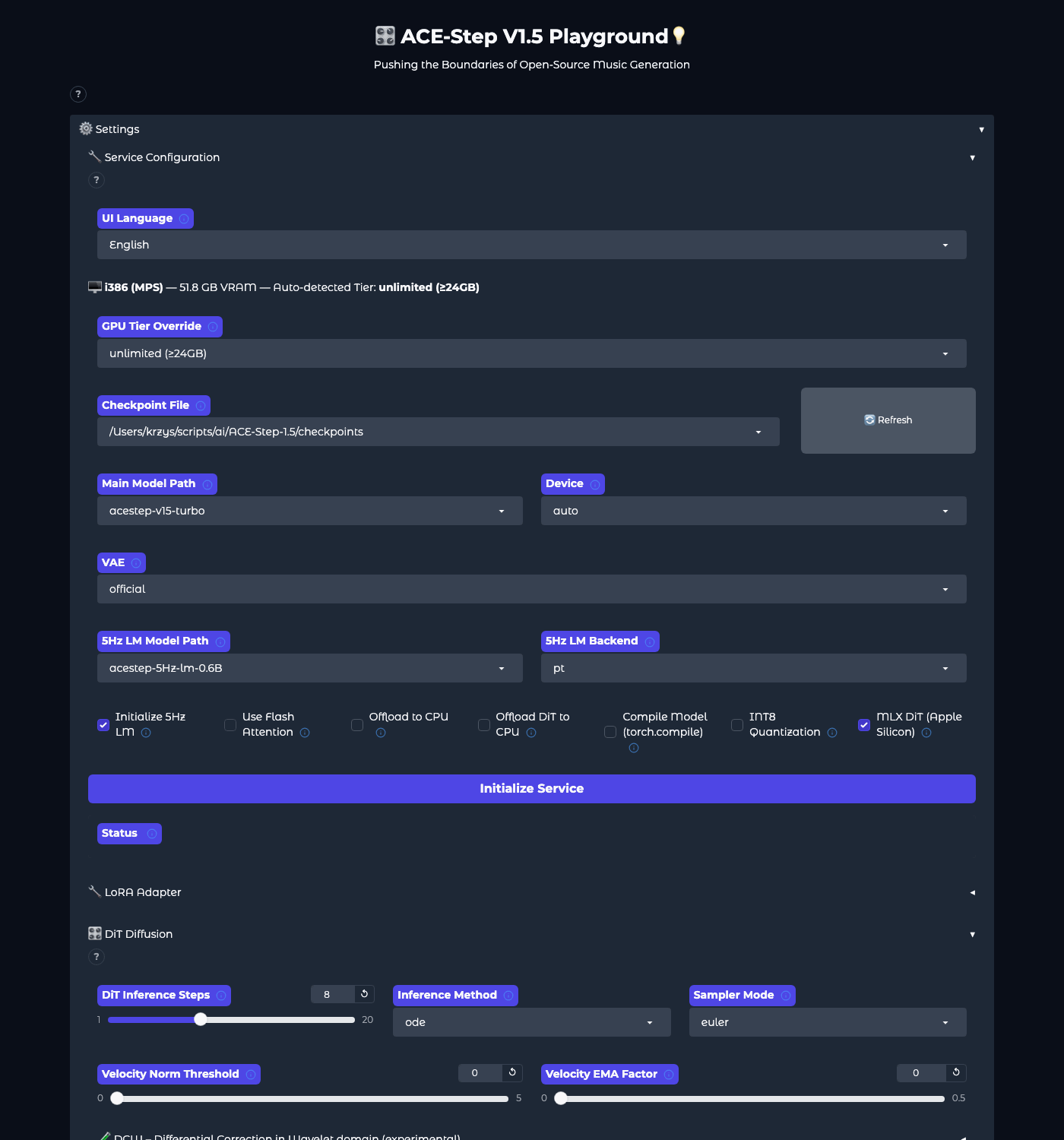Settings section, Service Configuration: interface language, detected hardware and tier, checkpoint path, Main Model Path acestep-v15-turbo, Device auto, VAE, 5Hz LM Model Path, LM Backend, switches, and Initialize Service button