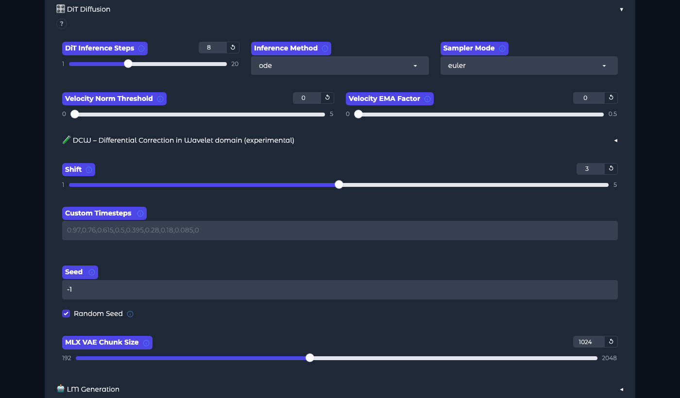 DiT Diffusion section: DiT Inference Steps 8, Guidance Scale, Inference Method ode, Sampler euler, DCW settings, Shift 3.0, Seed, and Random Seed
