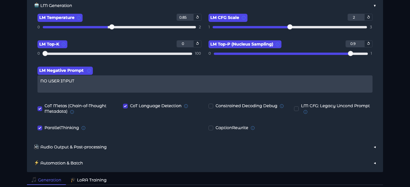 LM Generation section: LM Temperature 0.85, LM CFG Scale 2.0, Top-K, Top-P 0.9, Negative Prompt, switches CoT Metas, CoT Language Detection, ParallelThinking, CaptionRewrite