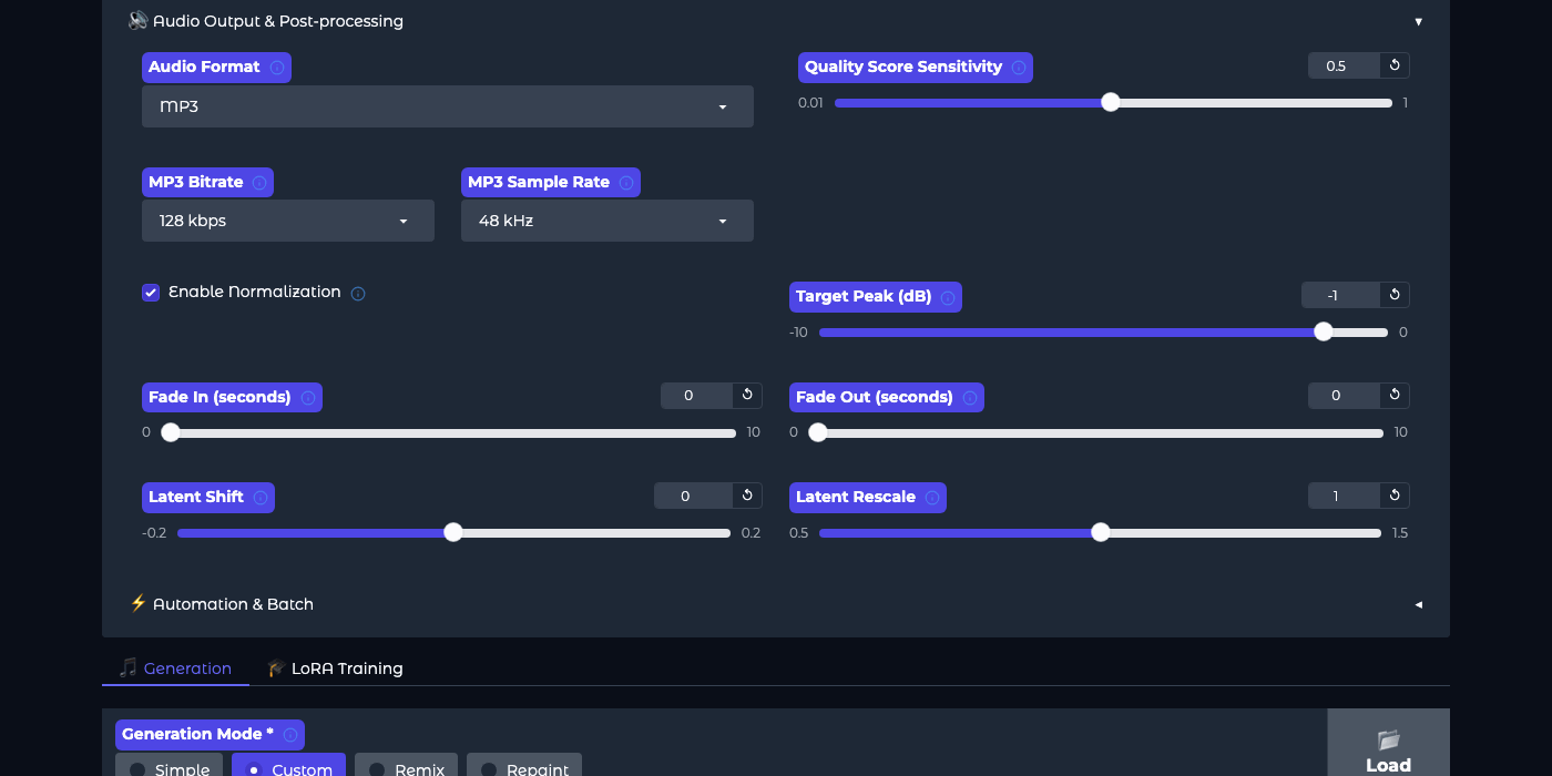 Audio Output and Post-processing section: file format, MP3 bitrate, sampling frequency, normalization, fade in and fade out