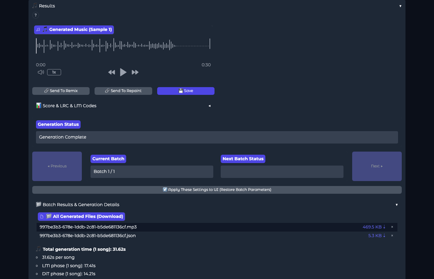 Results section after generating a 30-second track: player with sound wave, buttons Send To Remix, Send To Repaint, Save, list of MP3 and JSON files, generation times 31.62 s
