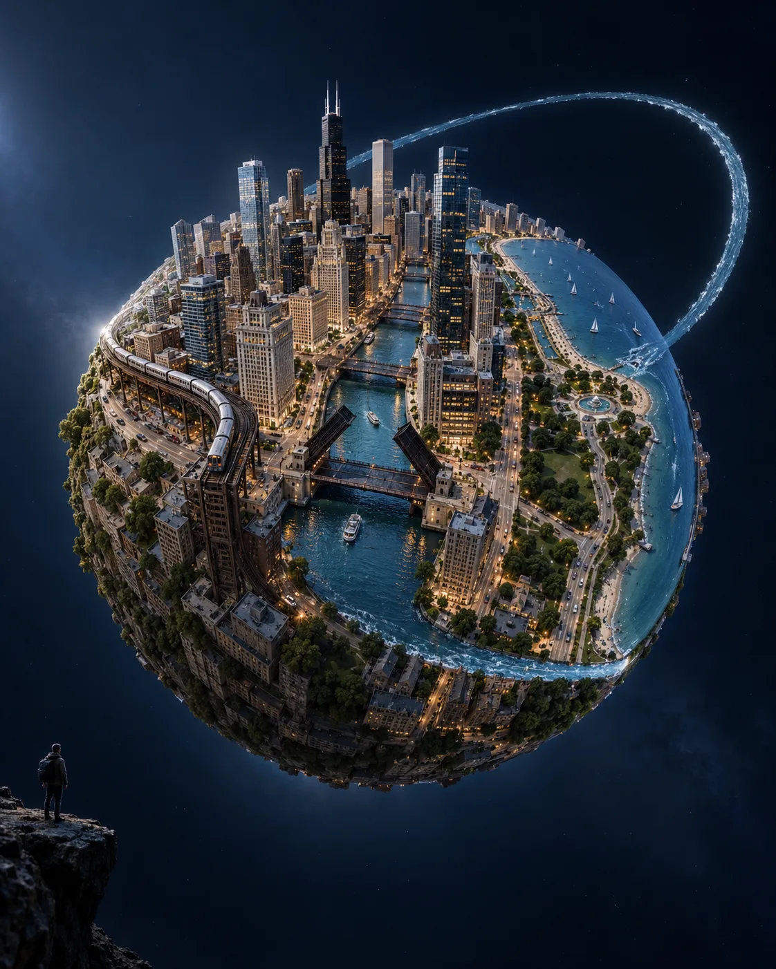 Autorska miniaturowa diorama Chicago unosząca się w ciemnej przestrzeni