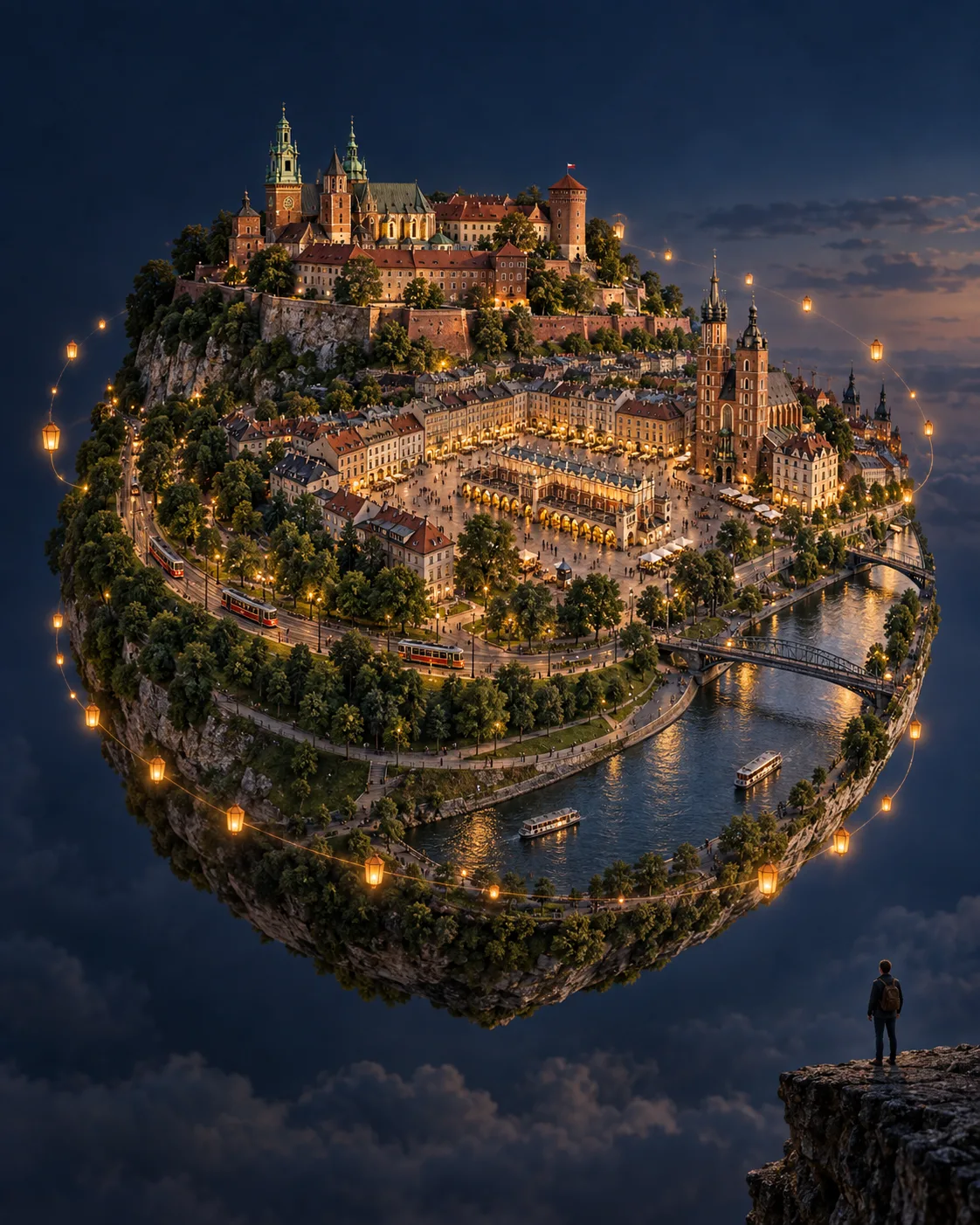 Autorska miniaturowa diorama Krakowa z historycznymi dachami i Wisłą
