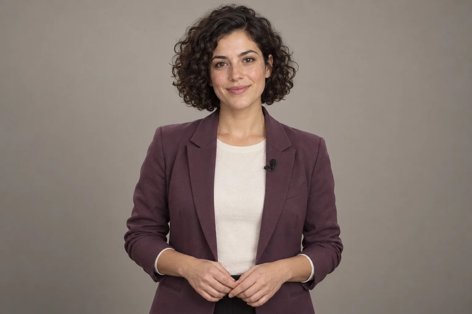 Original reference of the heroine with short dark curls, in a plum blazer