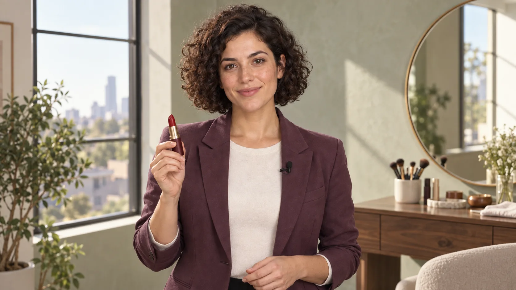 Heroine with lipstick in her right hand in a makeup studio lit by daylight