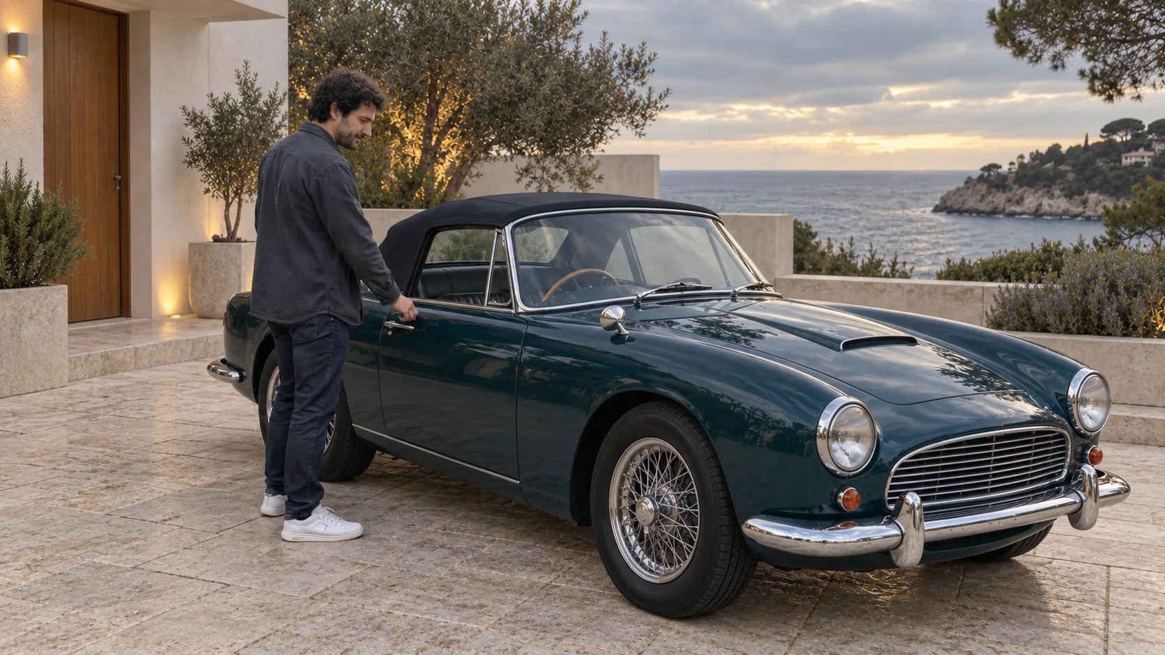 Illustration: the same person and gesture by a turquoise roadster in a seaside courtyard