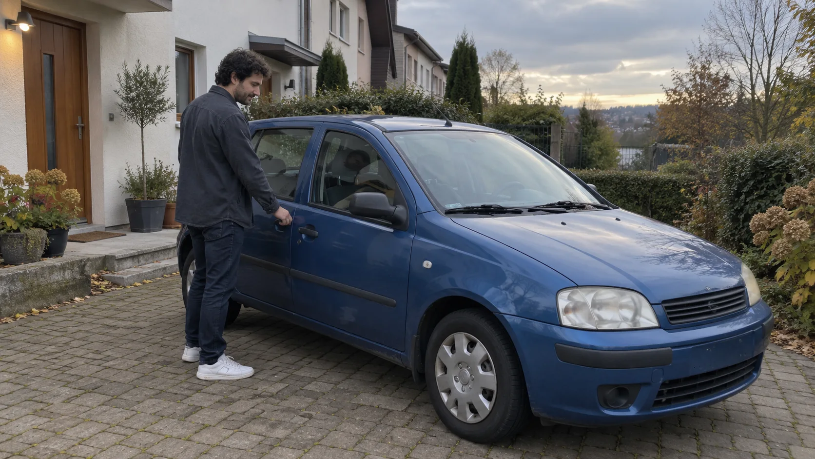 Illustration: a man touching the doorknob of a regular blue car in a neighborhood driveway