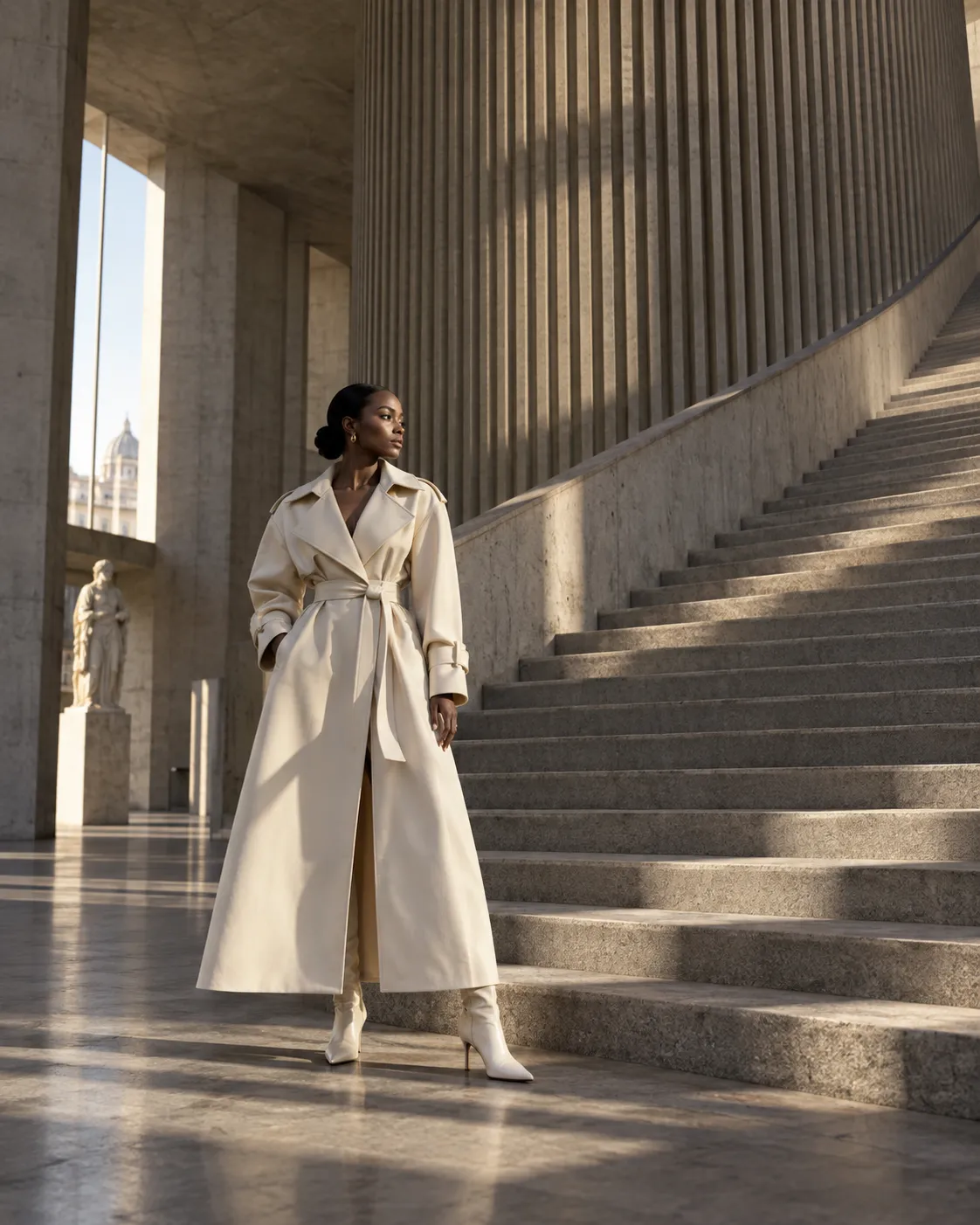 Fictional model in a light coat stands by monumental stairs and concrete columns