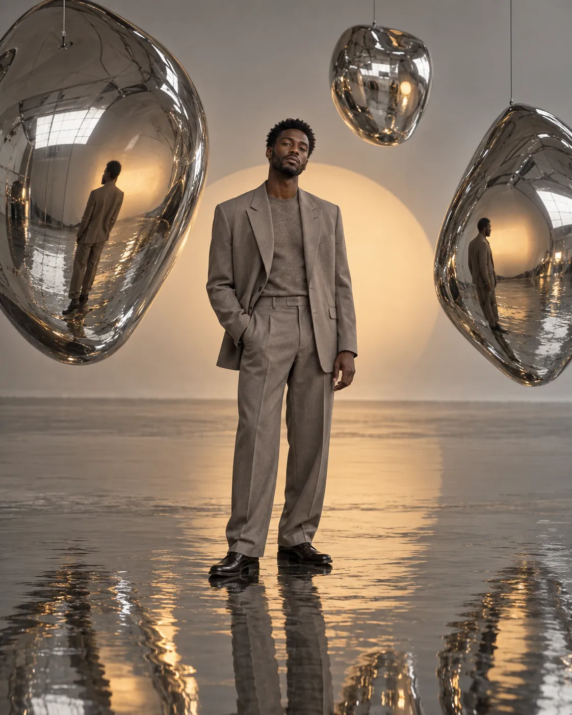 Fictional model in a gray suit stands in a studio among large hanging chrome sculptures