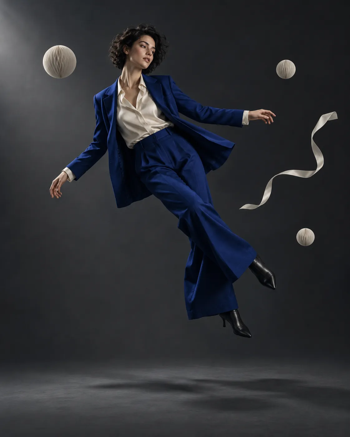Fictional model in a cobalt suit levitating in a dark studio next to three paper forms
