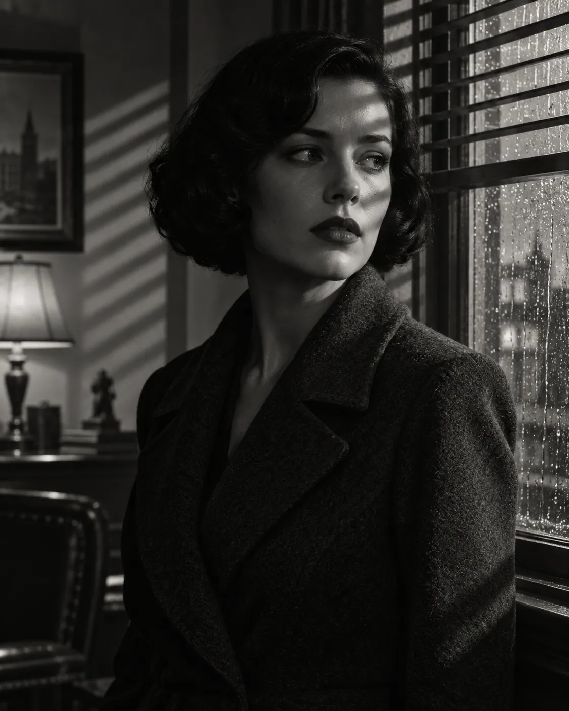 Black and white portrait of a fictional woman in a coat by a window with sharp stripes of light from the blinds