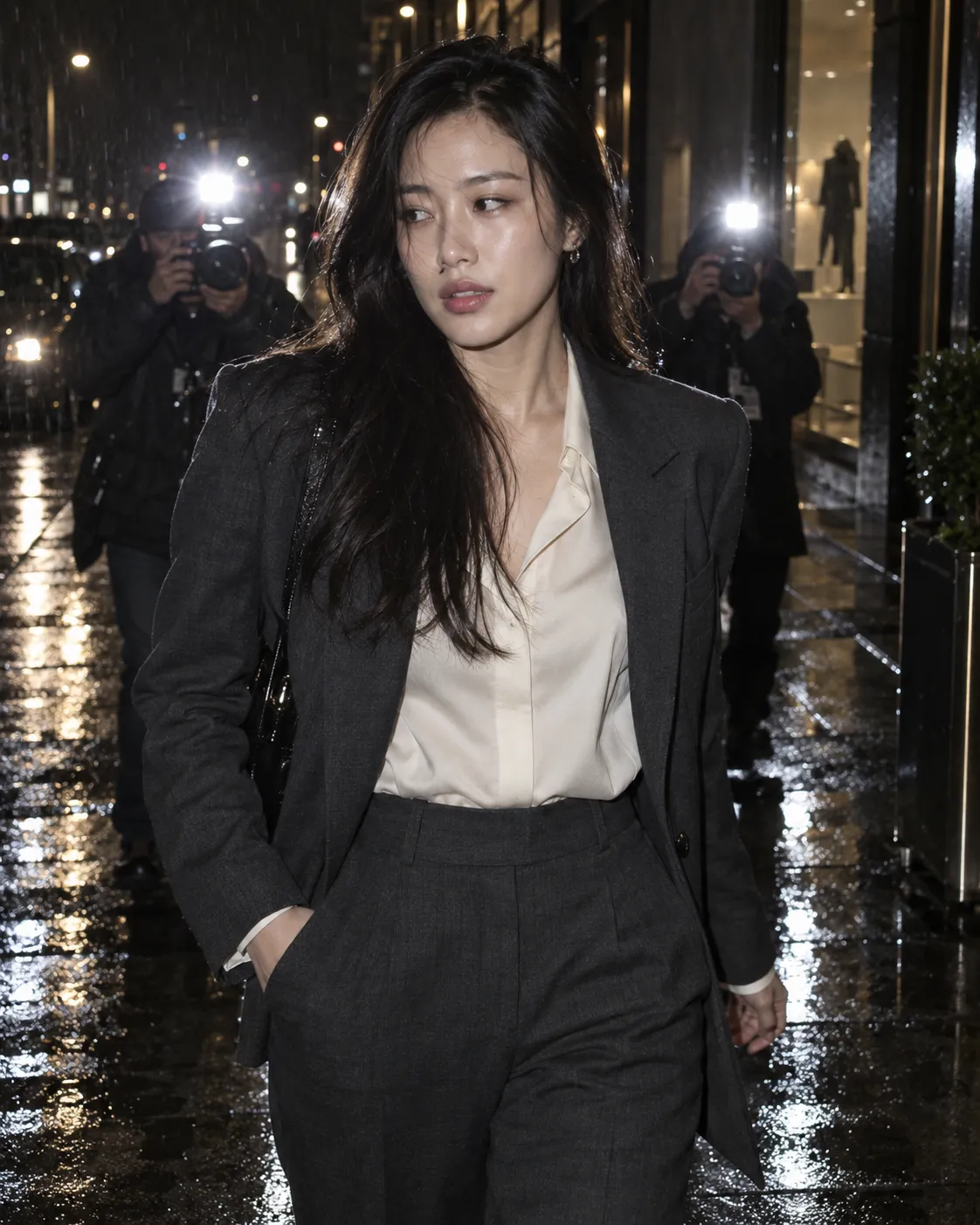 Fictional woman in a graphite suit walking at night on a wet sidewalk, with photographers behind her
