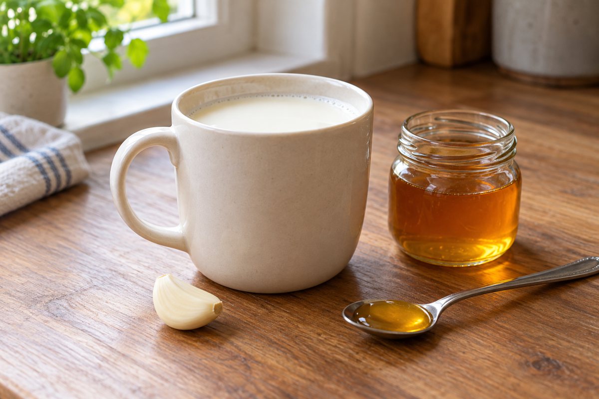 AI Illustration: a cup of warm milk, honey, and a clove of garlic
