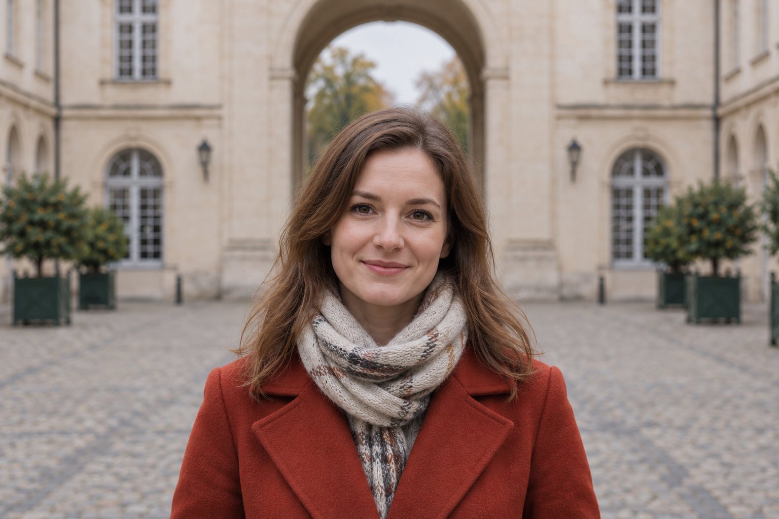 Close-up portrait of a woman in a red coat, with her face and upper torso against a stone arch background
