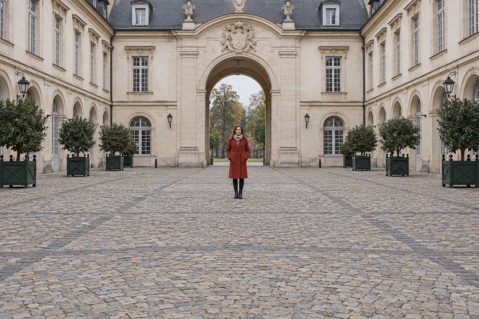 Wide view of the courtyard; the figure in a red coat is small and visible from head to toe