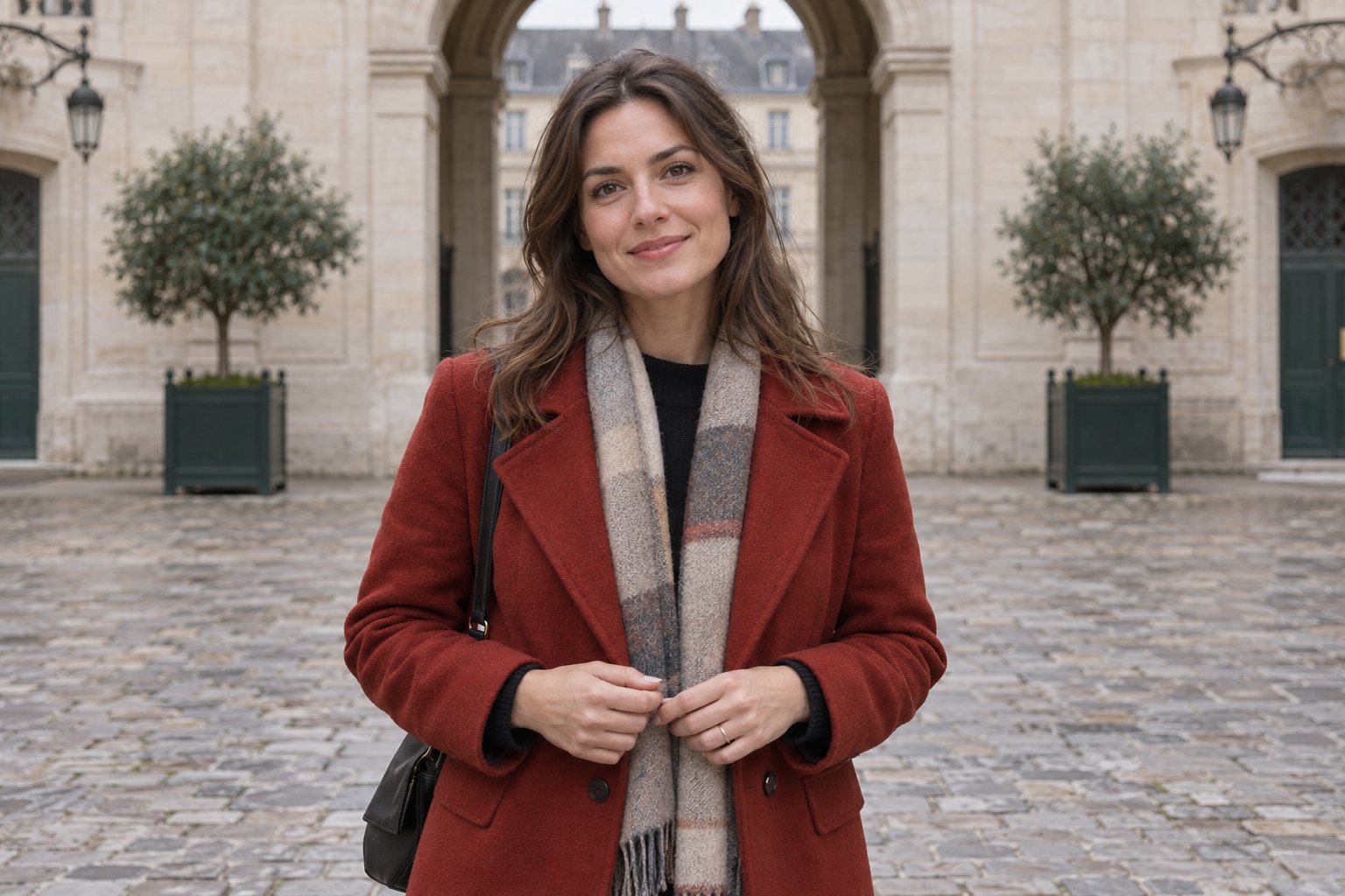 Medium shot of a woman in a red coat; face, hands, outfit, and part of the courtyard are visible