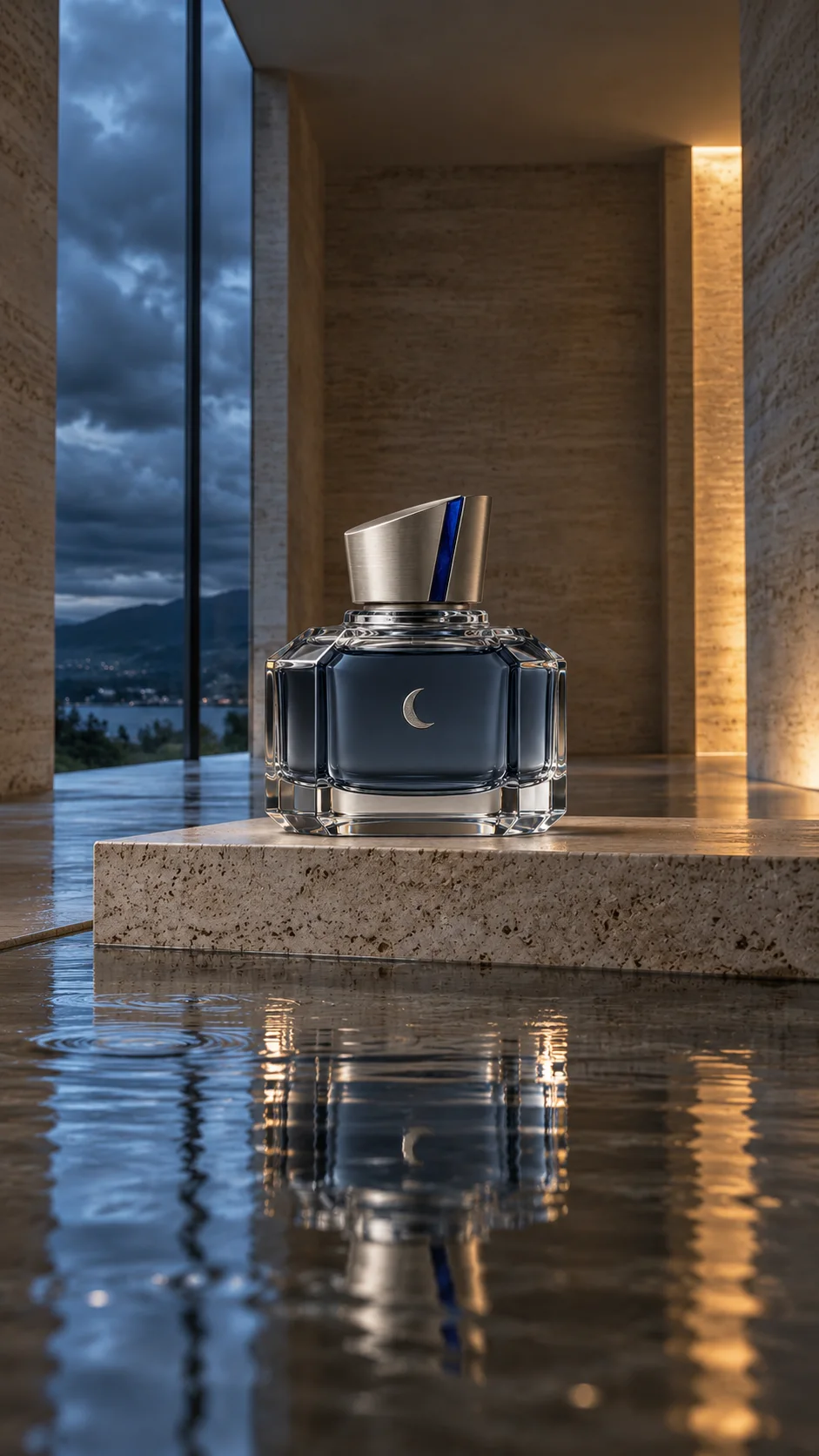 Fikcyjny flakon perfum na kamiennym postumencie nad wodą w galerii