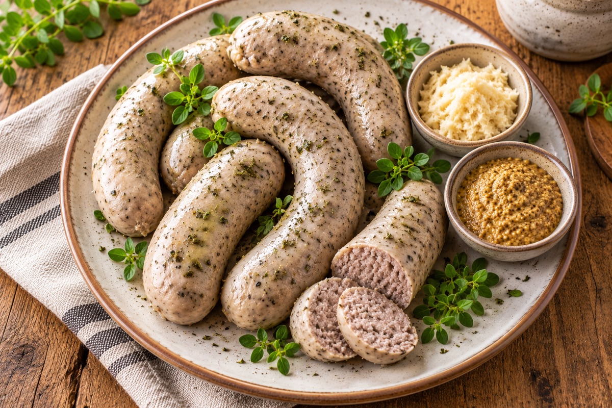 Ilustracja AI: Domowa biała kiełbasa z majerankiem – inne ujęcie podania