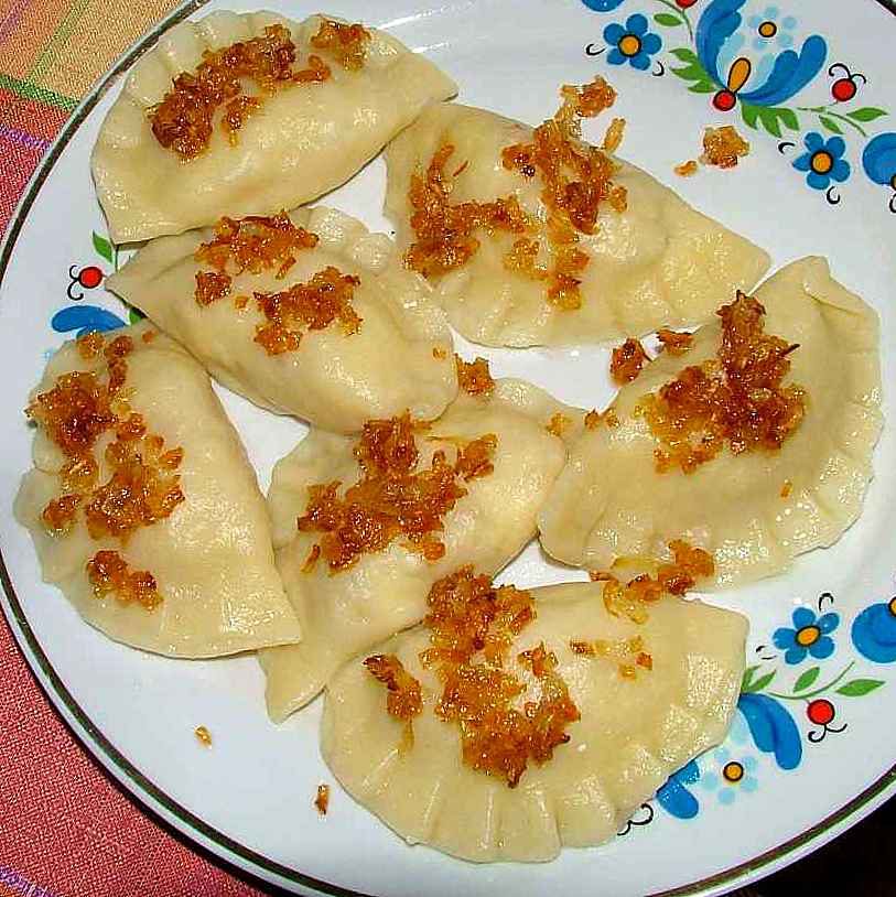 Gotowane pierogi z przesmażoną cebulką na talerzu w kwiaty