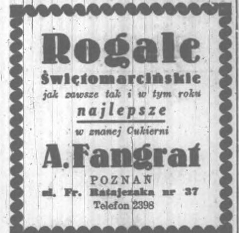 Reklama rogali świętomarcińskich poznańskiej cukierni A. Fangrat w „Dzienniku Poznańskim” z 11 listopada 1938 roku