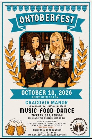 Zapraszamy na Oktoberfest w Cracovia Manor: 10 października 2026, 7:30 pm, 196 Main Ave, Wallington NJ 07057