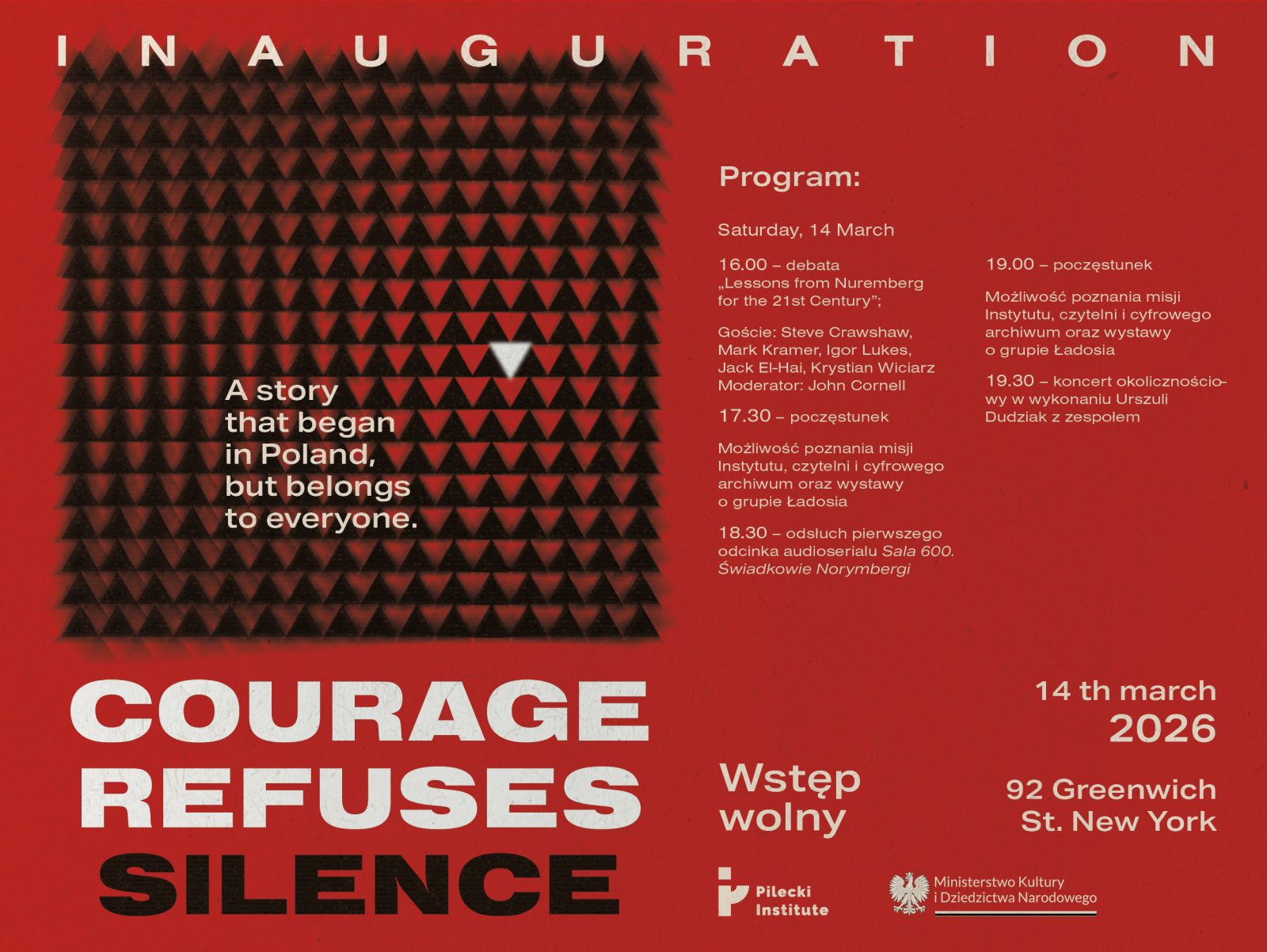 Zaproszenie na wydarzenia do Pilecki Institute zlokalizowanego przy at 92 Greenwich Str. na Manhattanie w  sobote 14 marca, 2026.