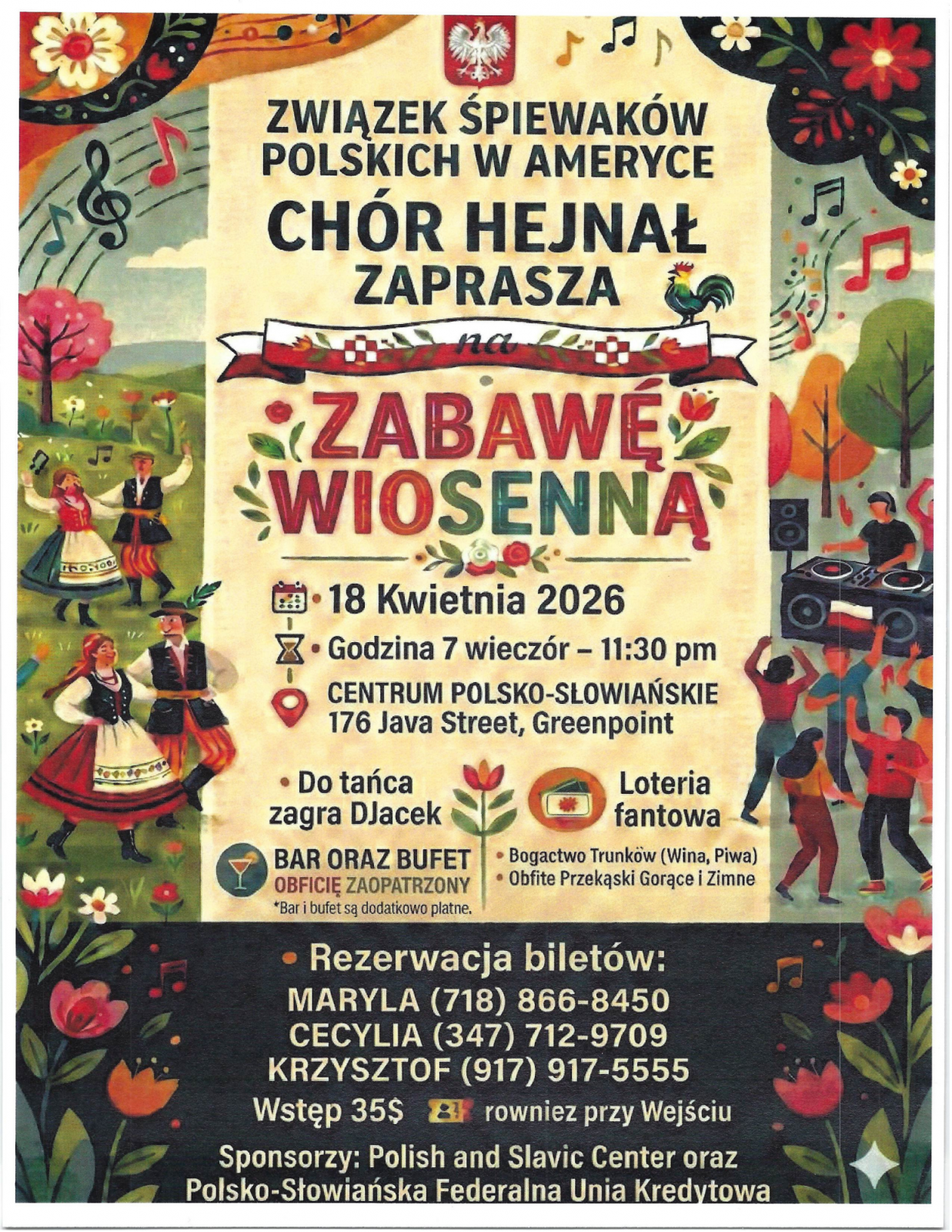 Zabawa Wiosenna z Chórem „Hejnał” – 18 kwietnia 2026 r., godz. 19:00 w Centrum Polsko-Słowiańskim, cena biletu: $35.
