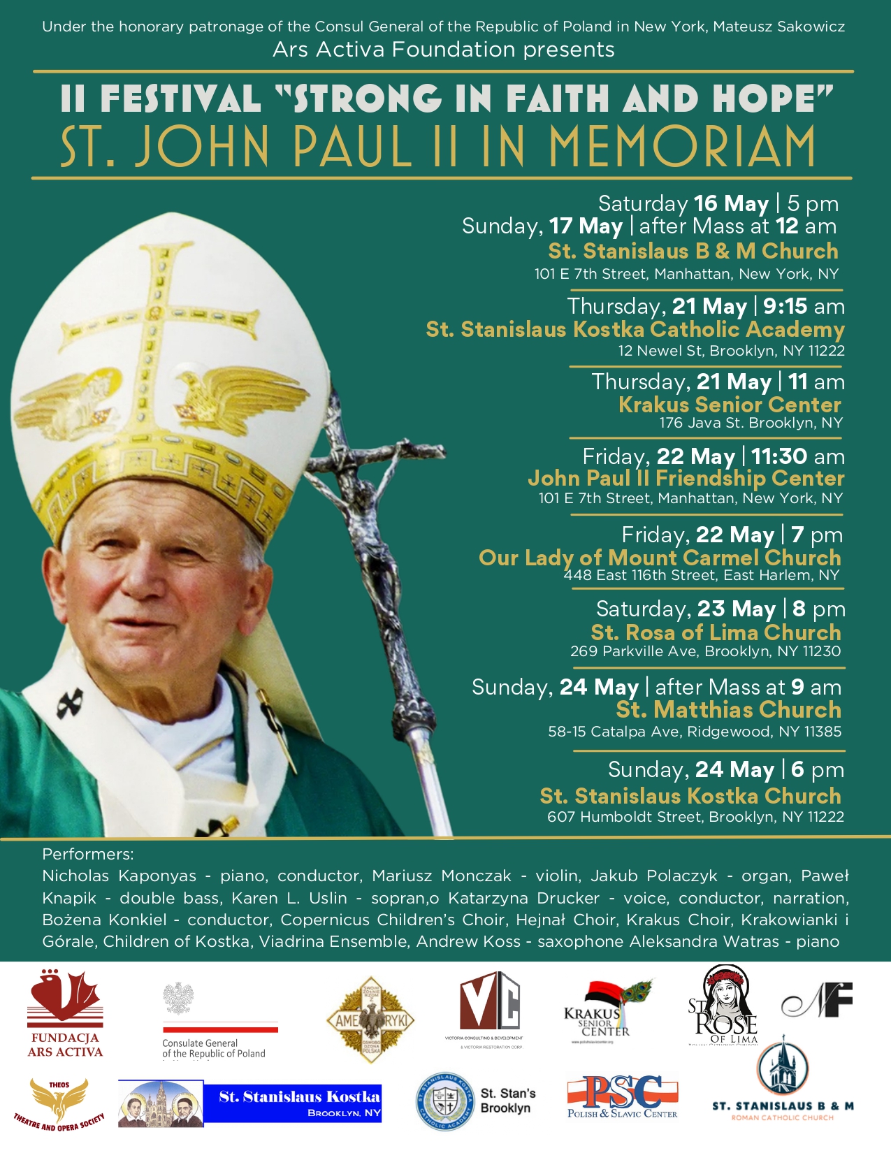 Festiwal „Silni wiarą i nadzieją – św. Jan Paweł II in Memoriam”, 16 Maja-24 Maja, godziny i lokalizacje na plakacie