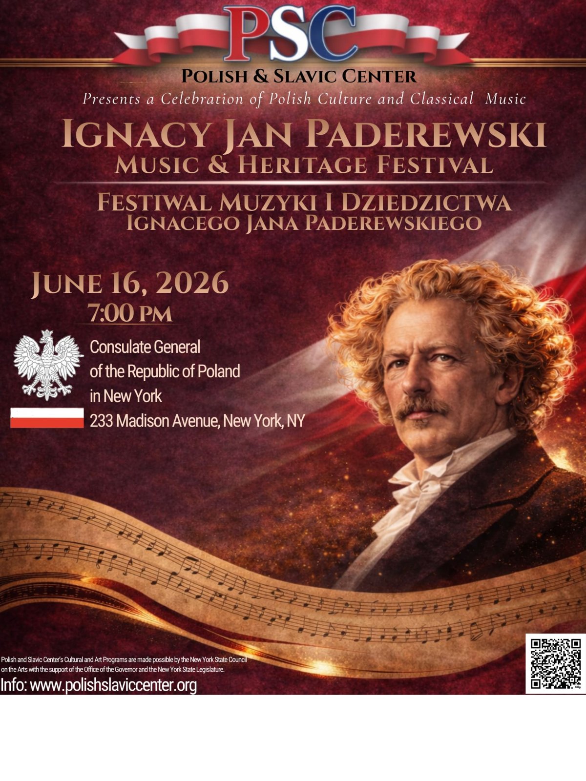 Zapraszamy na Festiwal Muzyki i Dziedzictwa Ignacego Jana Paderewskiego, 16 czerwca, 2026 o godz. 19-tej w Konsulacie Generalnym RP w NY.