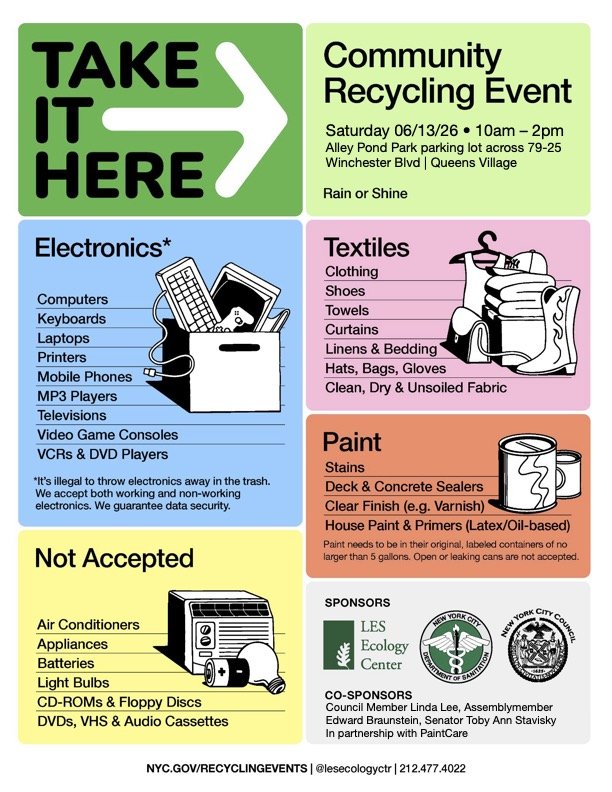 Community Recycling Event – Sobota, 13 czerwca, godz. 10-2; Alley Pond Park – parking koło 79-25 Windchester Blvd, Queens Village