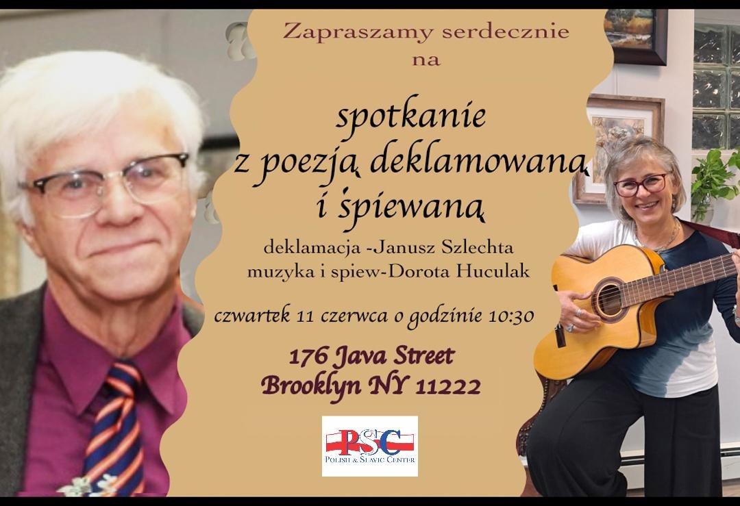 Zapraszamy na spotkanie z poezją deklamowaną i śpiewaną, Czwartek 11 czerwca o 10:30, 176 Java St